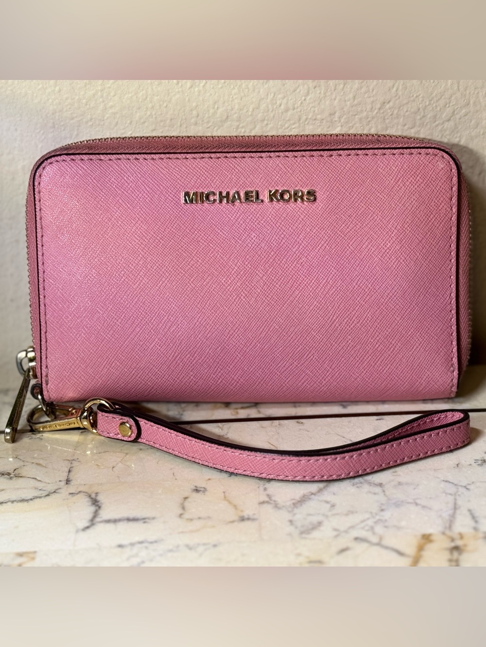 Michael Kors Pink Saffiano Zip-Around Wristlet